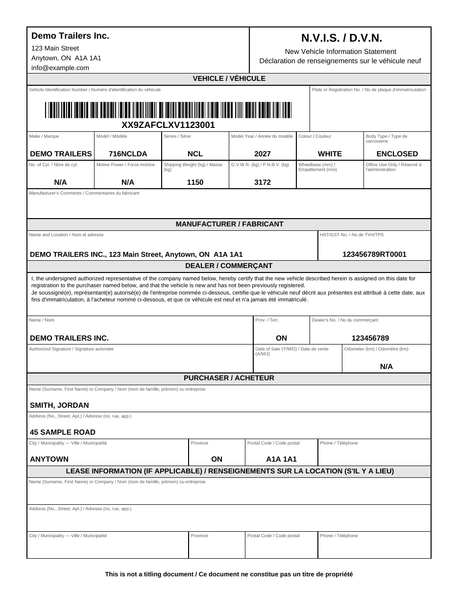 Sample bilingual New Vehicle Information Statement with VIN barcode, vehicle, manufacturer, dealer and purchaser sections