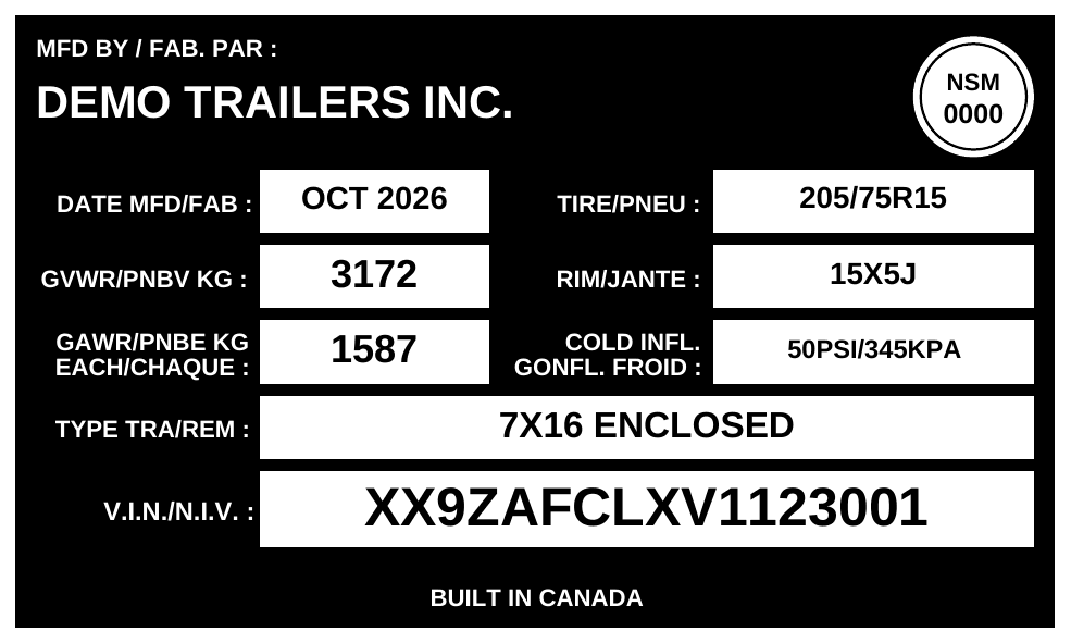 Sample 125 by 75 mm compliance sticker with manufacturer name, NSM, GVWR, GAWR, tires and VIN